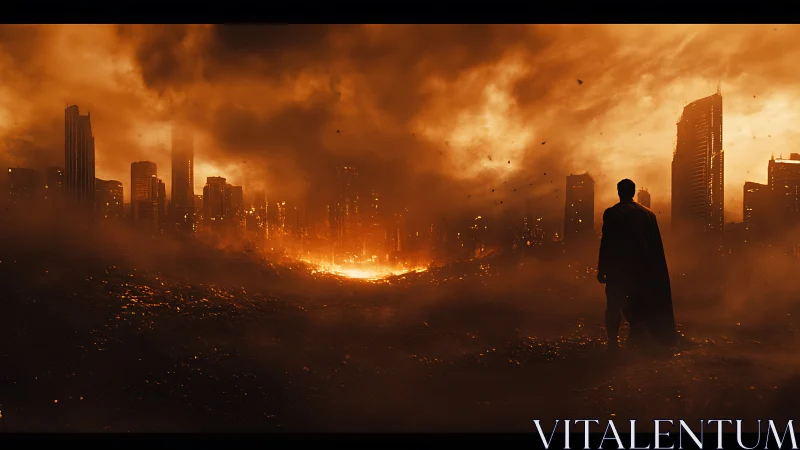 Solitary caped figure surveys fiery ruin of dystopian skyline