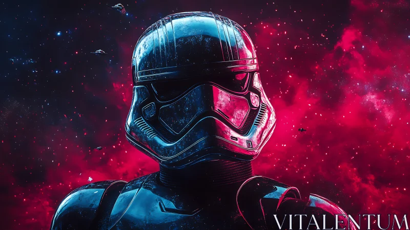 Armored space soldier stands against glowing red nebula.