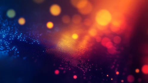 Abstract digital landscape with glowing dots and vibrant bokeh lights.