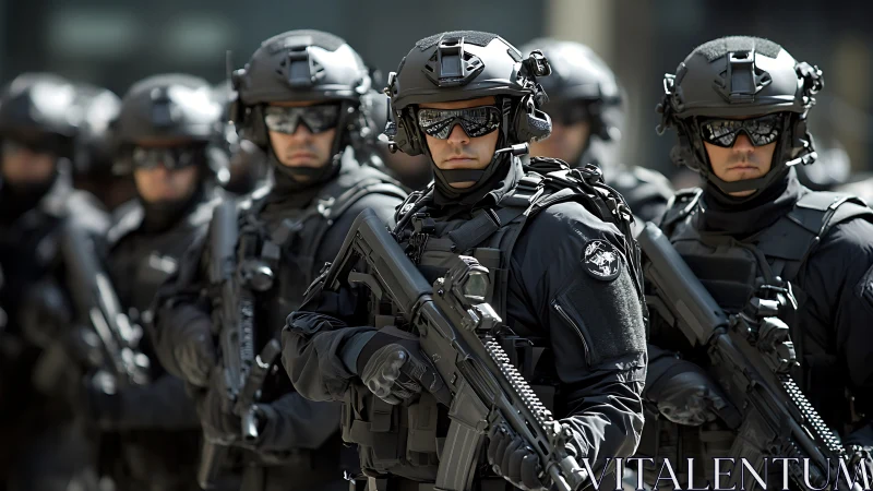 Tactical police team stands in formation with advanced gear