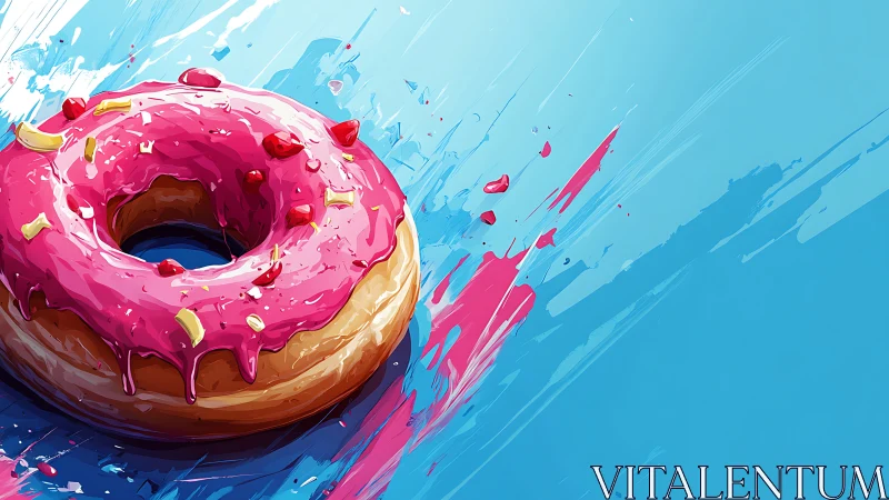 Digital painting of glossy donut on dynamic cyan backdrop.