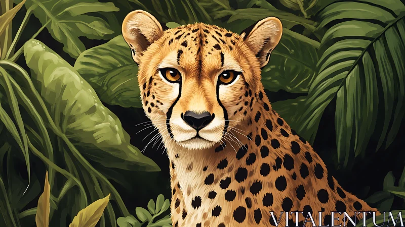 Cheetah gazes calmly amid lush tropical jungle foliage.