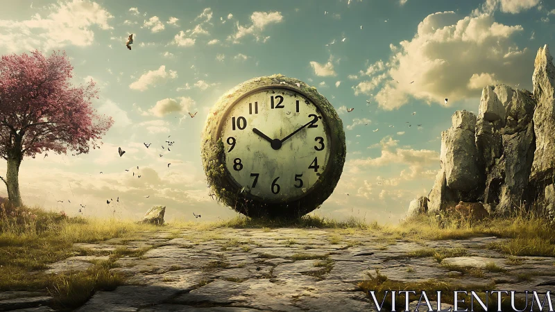 Giant mossy clock rests in a dreamlike open landscape.