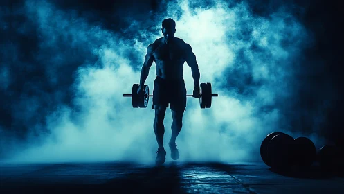 Silhouetted bodybuilder carries barbell through blue gym smoke.