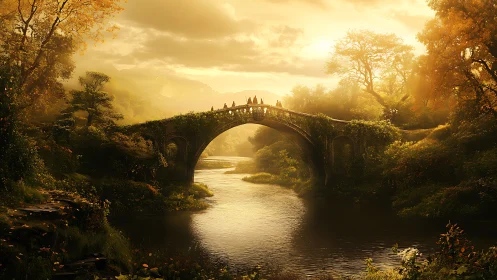 Golden sunset bathes stone bridge over tranquil forest river