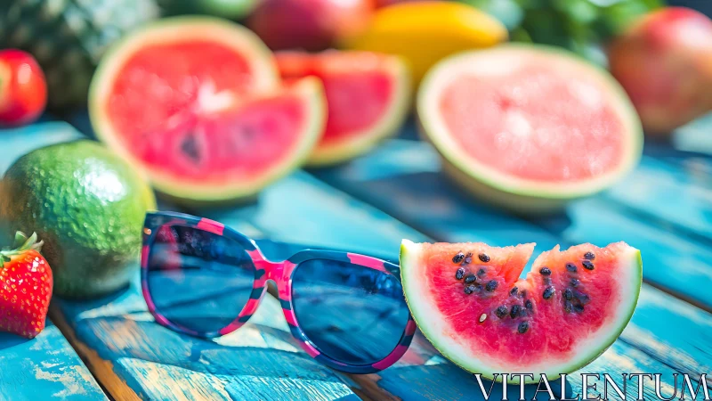 Photorealistic summer still life with watermelon accents on teal.