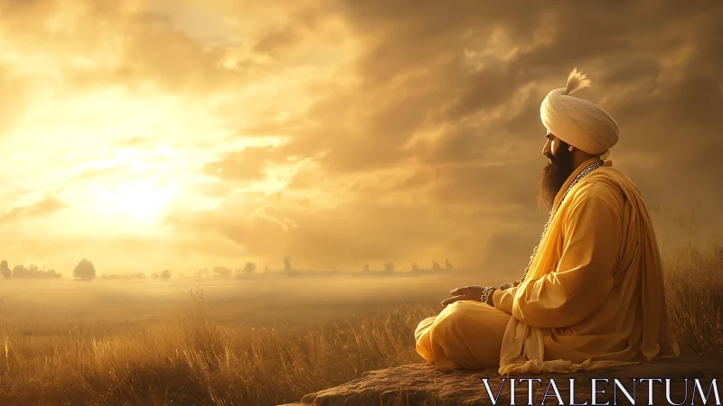Meditating Sikh elder watches golden sunrise over misty field
