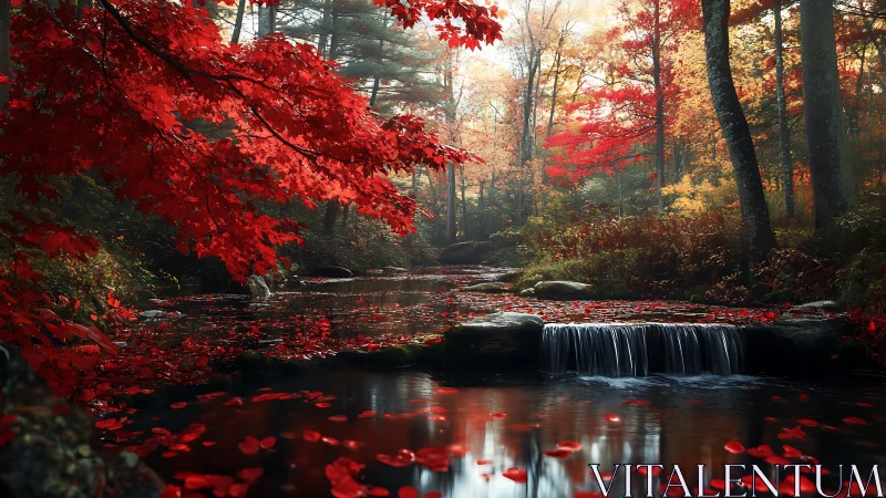 Autumn forest creek with high-saturation foliage and soft water blur