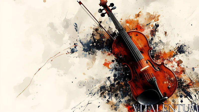 Violin resting in explosive watercolor splatter field.