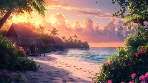 Tropical Sunset Over Overwater Bungalows in Paradise