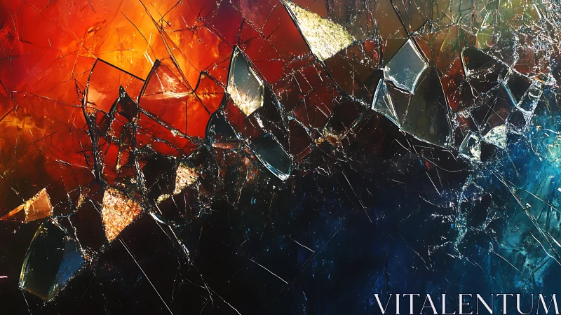 Abstract shattered glass art with vibrant fiery and dark hues.