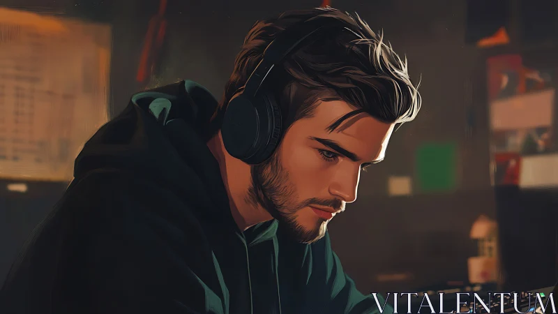 Focused young man with headphones in dim workspace.