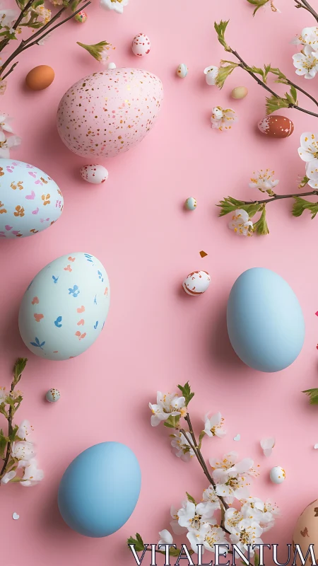 Soft pastel Easter eggs rest among fresh white blossoms