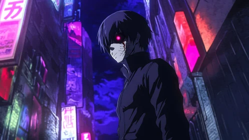 Masked wanderer in neon city shadows at midnight.