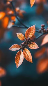Copper leaves glow against deep teal autumn bokeh background.