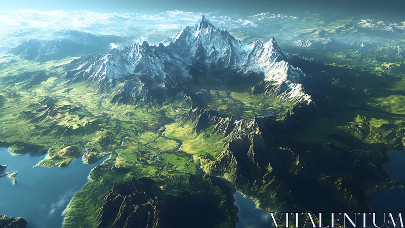 Epic snowcapped mountain range above lush fantasy valley.