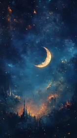 Crescent moon above luminous abstract skyline at night.