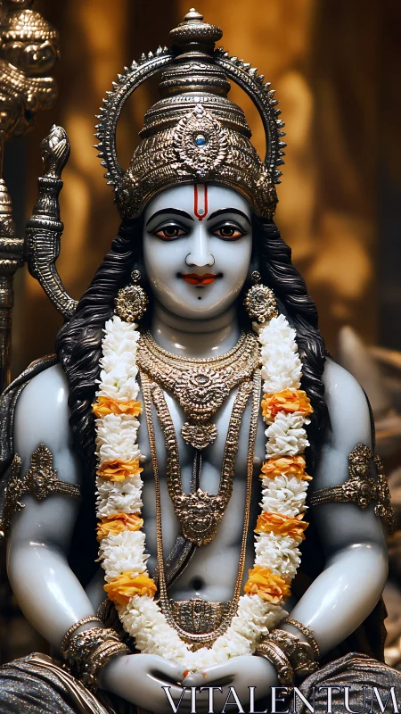 Graceful Hindu deity statue in serene golden temple glow.