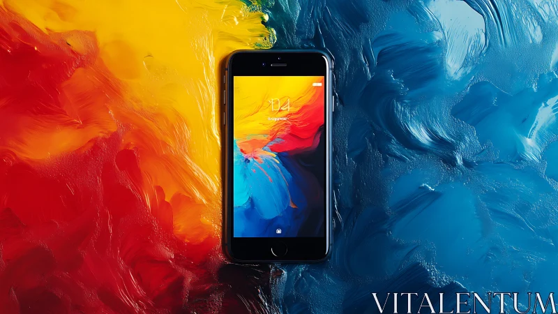 Smartphone poised between fire and oceanic color storms.