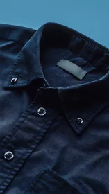 Navy cotton dress shirt with mother-of-pearl buttons against clear blue background.