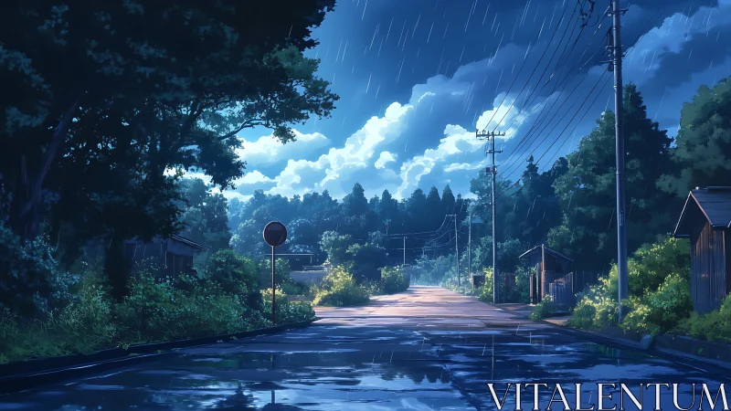 Rainwashed rural road under stormlit evening sky panorama.