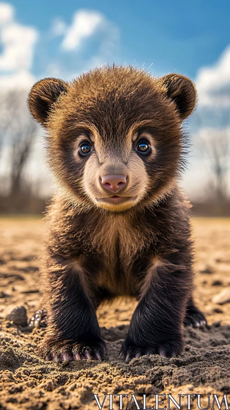 Bright-eyed bear cub stands curious on a sunny sandy path
