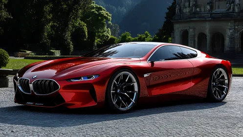 Red BMW concept coupe with reflective body and estate backdrop.