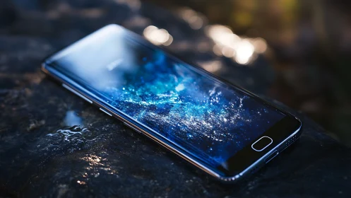 Smartphone lies on wet stone surface with bright display