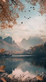 Dreamy autumn mountains rise over a tranquil mirrored lake