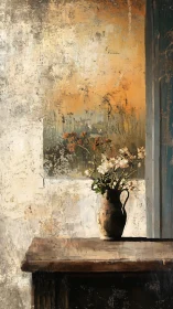 Rustic still life with earthenware jug and fading flowers.