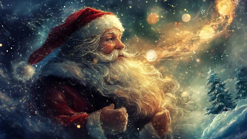 Santa in swirling winter night with glowing orbs of light.