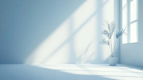 Minimalist white room with potted plant and window light.