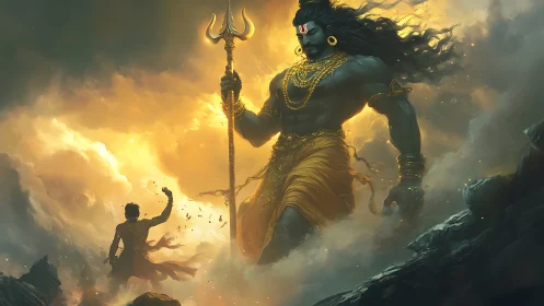 Giant warrior deity confronts lone figure in stormy canyon