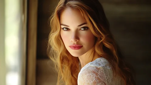 Woman with wavy hair faces camera in soft window light