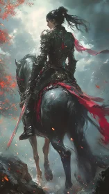 Stormlit warrior on horseback rides toward an uncertain dawn