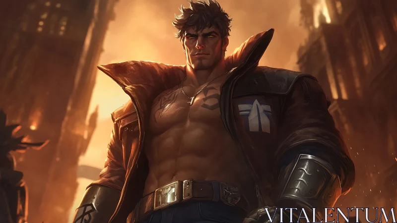 Muscular cyberpunk fighter in burning cityscape with metallic gauntlets