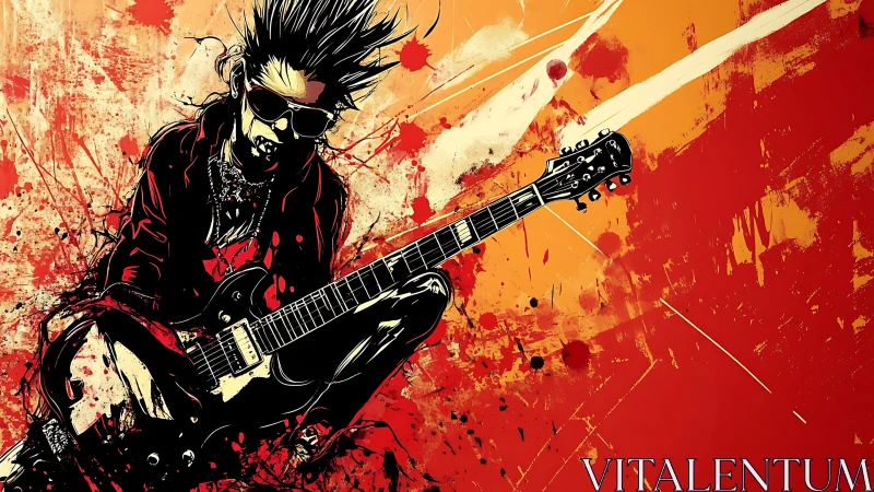 Stylized guitarist figure sits against red abstract backdrop