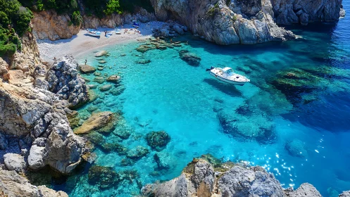 Mediterranean Coastal Cove: Stratified Rock Formation and Turquoise Waters.