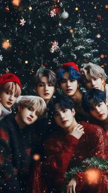 Seven people in festive sweaters before lit tree.