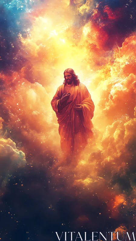 Radiant robed figure ascending through celestial nebula clouds