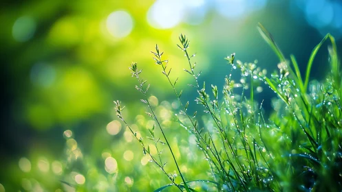 Dewlit meadow blades shimmer in a dreamy morning glow.