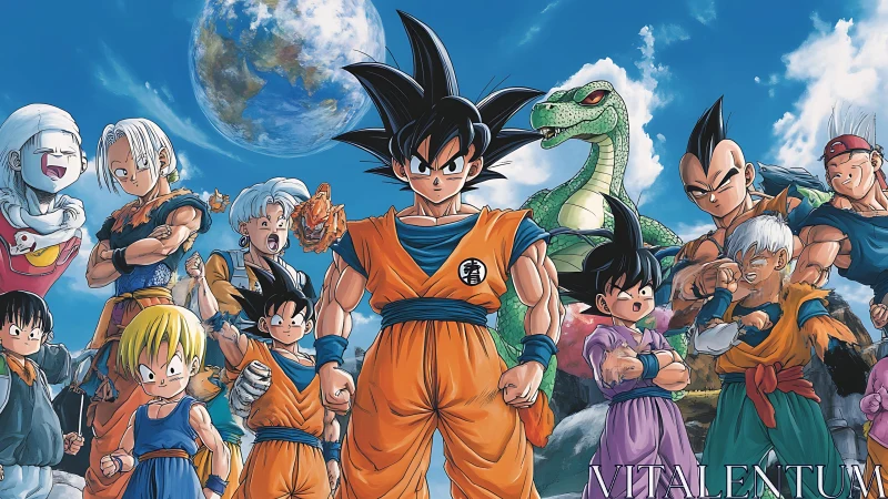 Heroic anime warriors stand united under bright blue sky