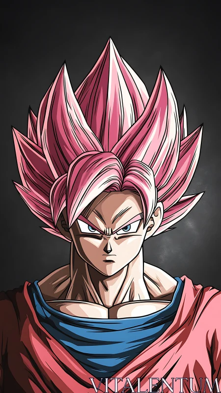 Pink-haired anime warrior portrait under dark backdrop.