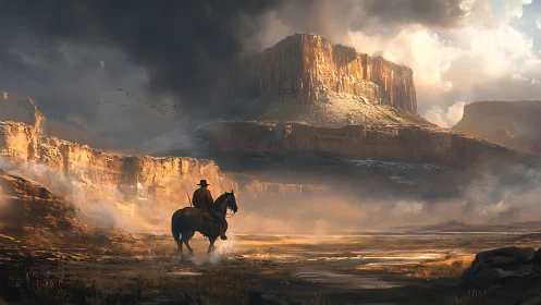 Lone rider listens while thunderclouds crown the mesa