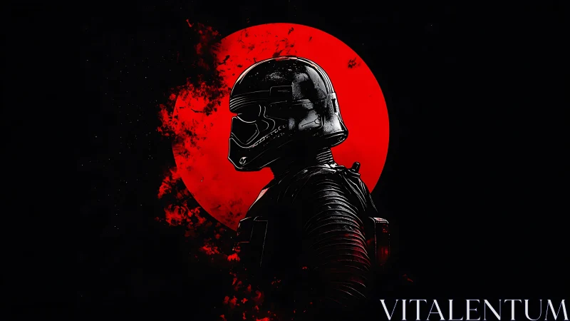 Armored sci fi soldier profile against red circular backdrop.