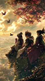 Sunset expedition party overlooks a sprawling valley city.