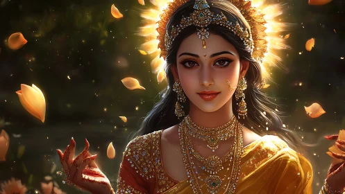 Divine Indian goddess portrait with golden light and petals.