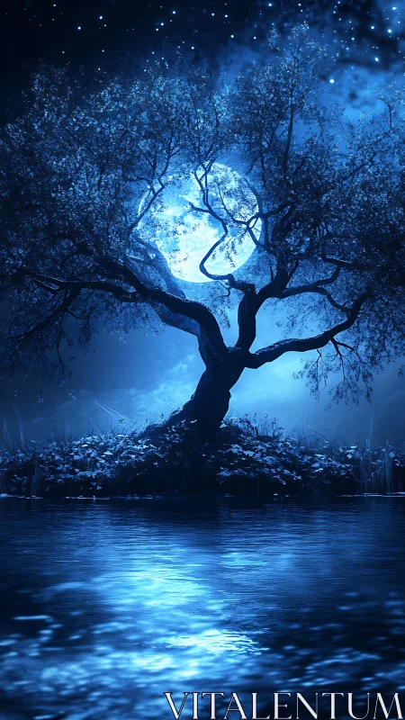Moonlit tree by still water under a hush of stars.