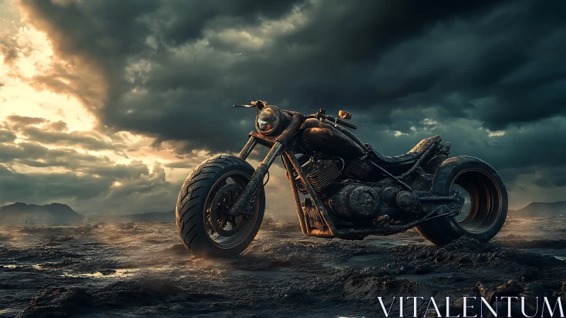 Storm-born wasteland chopper waits beneath bruised skies.