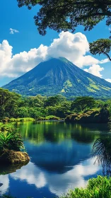 Volcanic cone rises above reflective lake and dense foliage